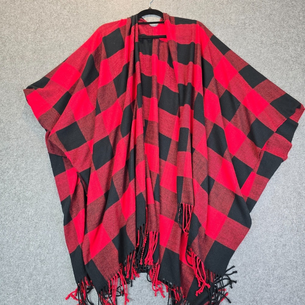 Ruana Shawl Wrap Poncho Women Red Black Buffalo Plaid Fringe Open Front
